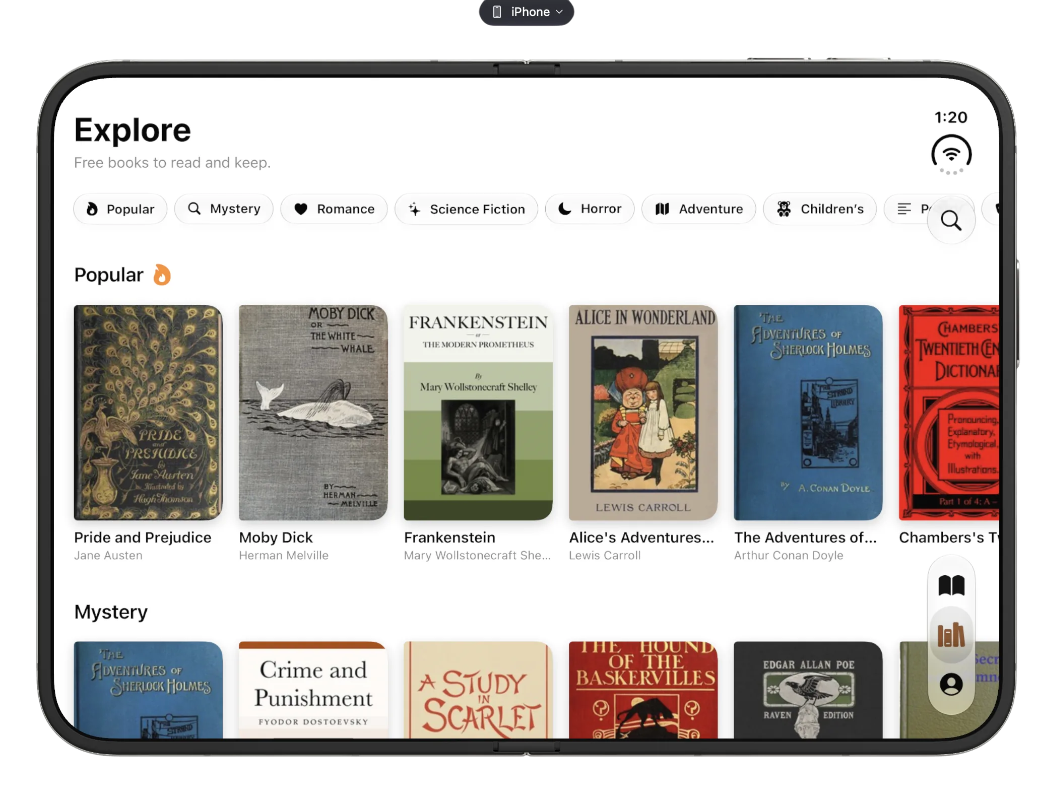 Explore screen with free classic books on the unfolded iPhone Duo