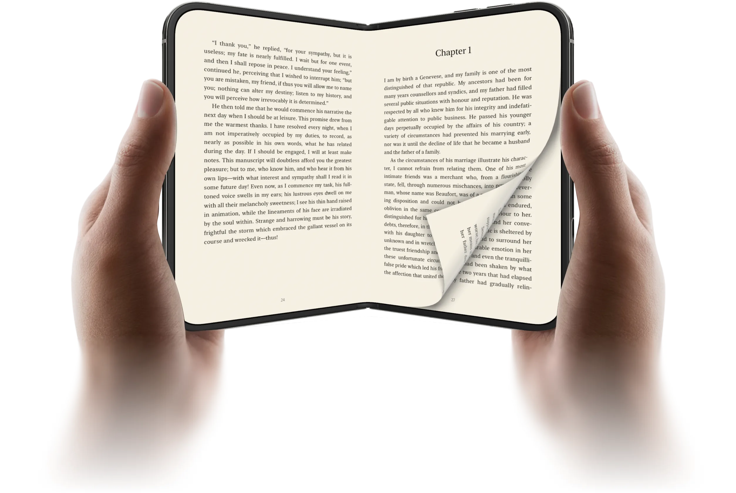 A foldable phone held open like a book, displaying Folio’s two-page reader and a curling paper page.